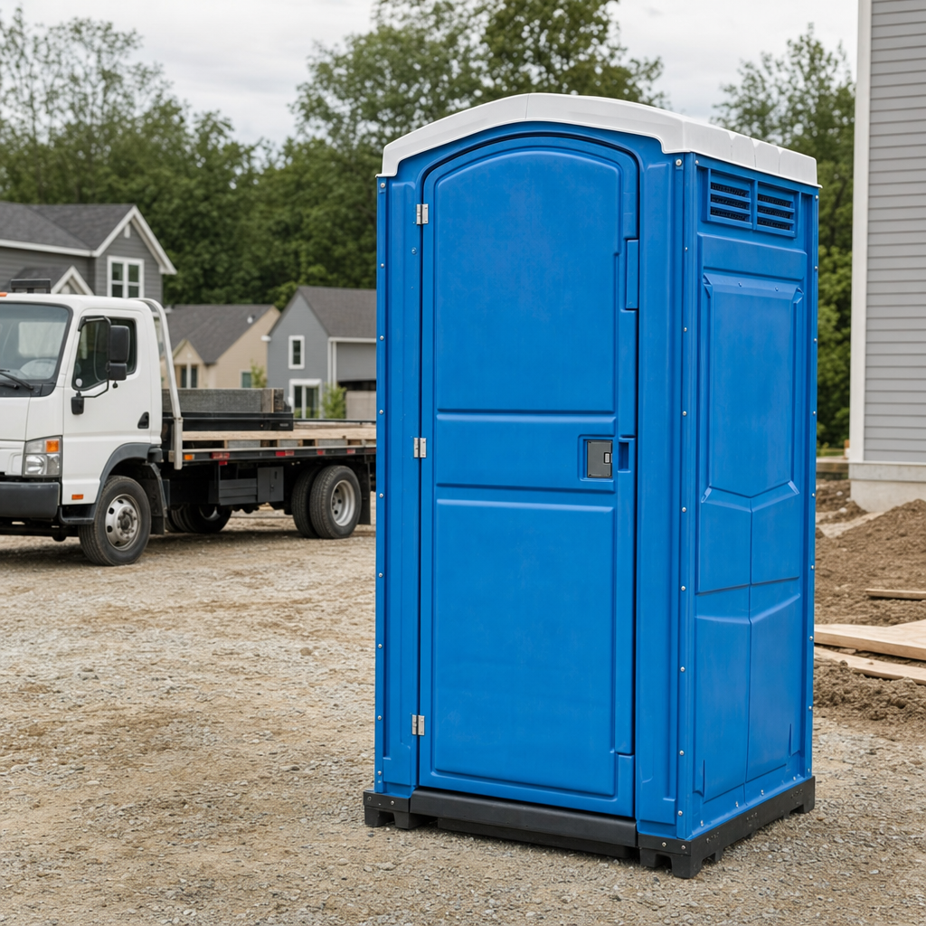 Delivery driver positioning a clean royal-blue portable toilet on level ground at a Providence worksite