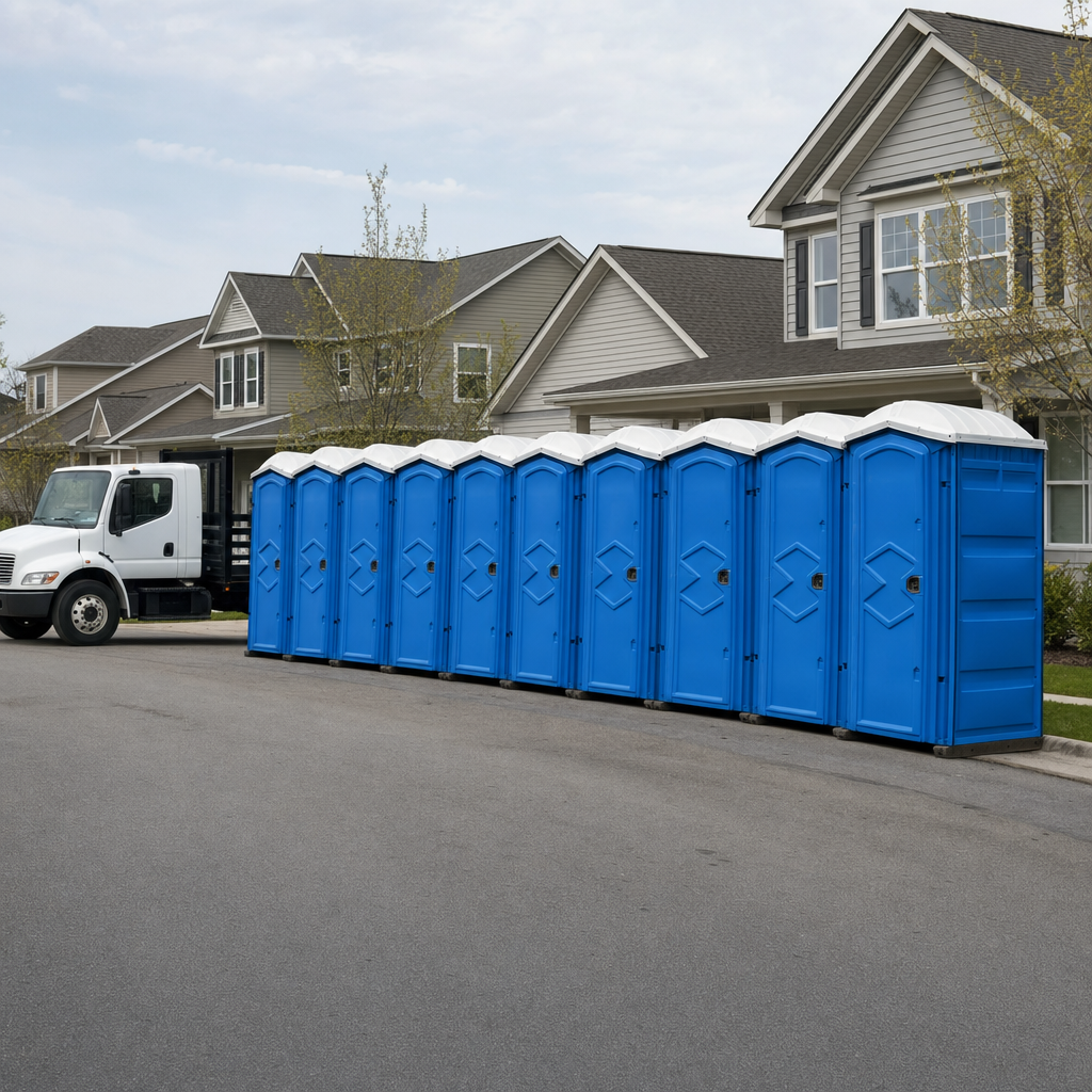 Royal blue portable toilets staged in a tidy row at a Providence jobsite, ready for delivery